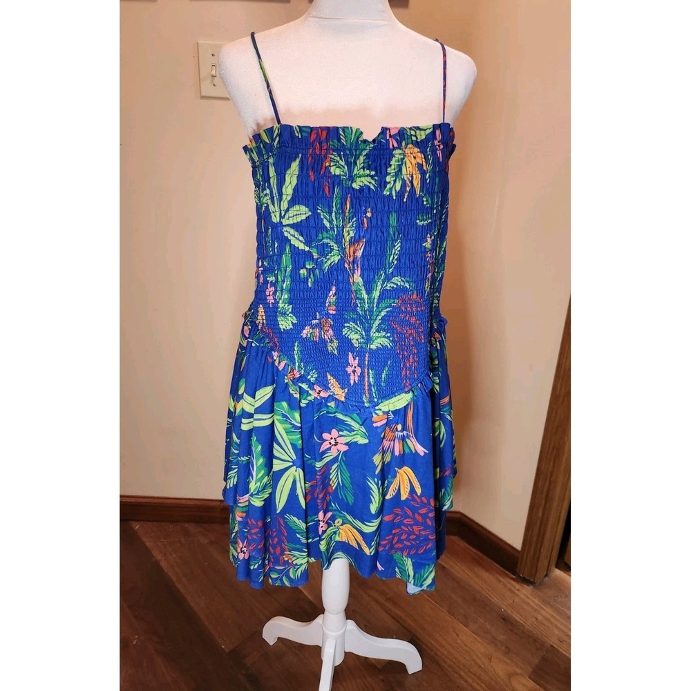 Chelsea & Violet Smocked Dress‎ Linen Blend Tropical Resort Cruise Blue XL NWT